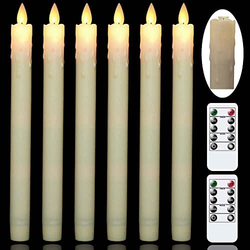 Mavandes Flameless Flickering Taper Candles Two Remote, 19cm Ivory Battery Operated LED Window Candles Timer,Set of 6 Plastic 3D-Wick Dripping-Wa