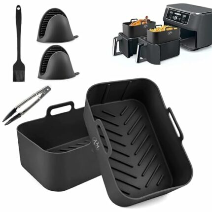AM STORE 1 Silicone Air Fryer Liner Pack of 2 with Brush, Tong and Mitts- Tower Dual - Instant Vortex Air Fryer Silicone Liner - Reusable Air Fry