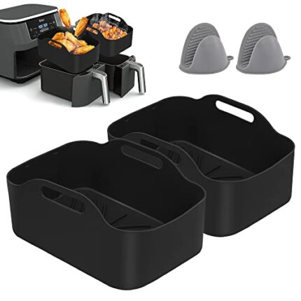 2PCS Silicone Pot for Ninja AF300/AF400UK Dual Air Fryer, Silicone Air Fryer Liners Double Air Fryer Silicone Air Fryer Basket, Air Fryer Rack Ac