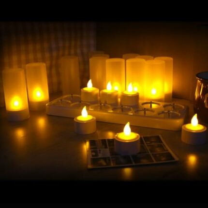 QSPORTPEAK LED Rechargeable Flameless Tealight Flickering Tealight Candles with Charging Base,Realistic Warm Yellow Decorative Lights,Gift Decora