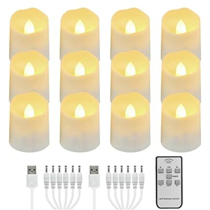 FREEPOWER 12pcs Rechargeable Tea Lights with Remote Control and Timer Warm White Flickering Dimmable Flameless LED Votive Candles with 2 USB Char