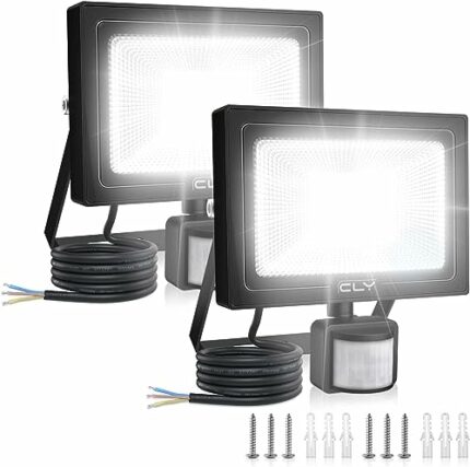 CLV 2 Pack 50W Security Lights Outdoor Motion Sensor,4300 Lumen IP66 Waterproof PIR Floodlight, PIR Sensor LED Floodlights Mains Powered,6500K Co