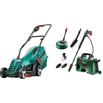 Bosch Rotak 34R Electric Lawnmower (1300 W, Cutting width: 34 cm) & Bosch High Pressure Washer EasyAquatak 120 (1500 W, Home and Car kit included