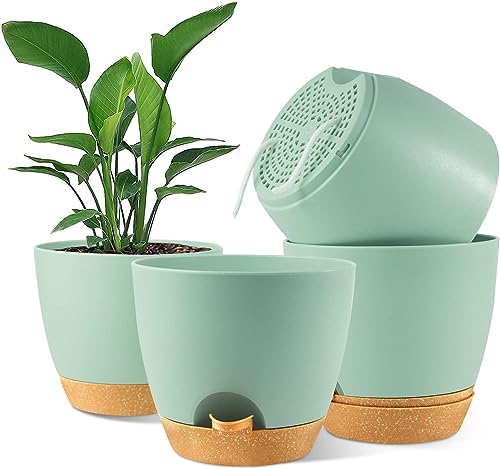 NIUXUAN 20CM Plant Pots, 4PCS Plastic Plant Pots, Self Watering Planters with Drainage Holes and Deep Reservior for Indoor Outdoor Plants, Small