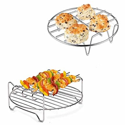 Air Fryer Rack Set Stainless Steel Air Fryer Grilling Rack Accessories with 3 Skewers Multi-purpose Double Layer Rack Airfryer Grill Pan for Barb