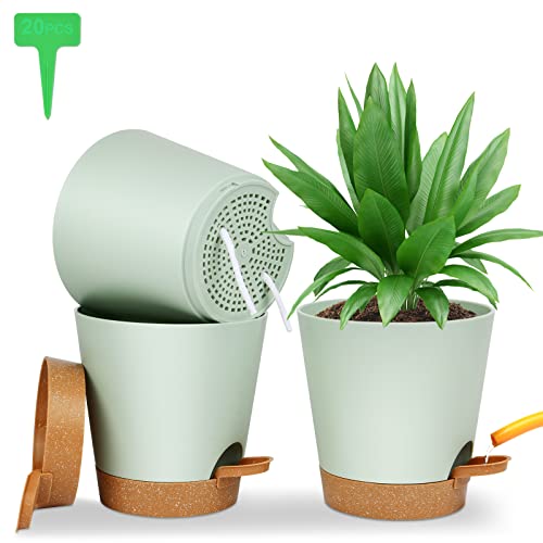 OFFCUP Plant Pots, 3pcs Plastic Plant Pots, 16.5cm Self Watering Plant Pots with Drainage Holes, Saucers and Reservoir, Suitable for Plants Indoo