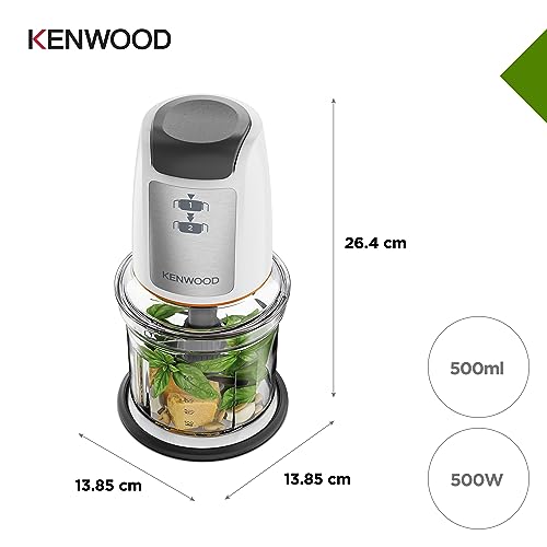 Kenwood Easy Chop Chopper, 0.5L Bowl, 2 Speeds, Quad Blade System, Anti-Slip Ring for Food Chopper Stability, 500W, CHP61.100WH, Dishwasher Safe,