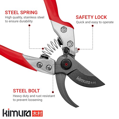 Kimura 8" Pro Bypass Garden Secateurs, Heavy Duty Premium Japanese SK5 Steel Blades, Non-Slip PVC Coated Handles, Lightweight & Ergonomic, Japane