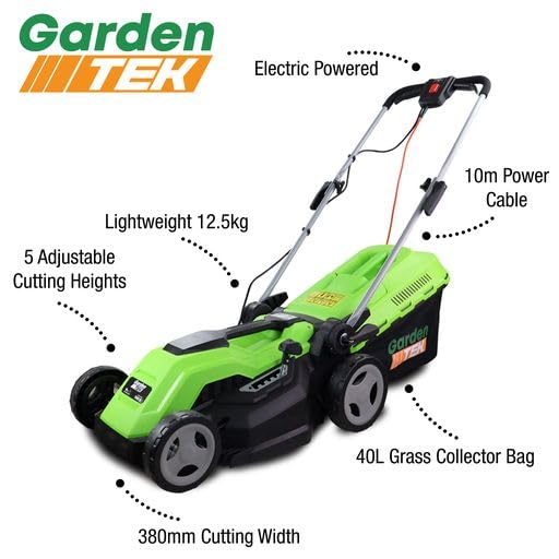 GardenTek 15"/38cm Corded Electric 1600w/230v Roller Mulching Lawn Mower, 5 Cutting Heights, 40l Grass Catcher, 10m Power Cable, Lawnmower 2 Year