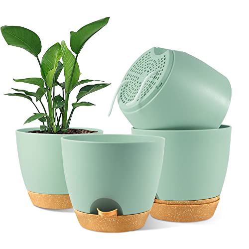 NIUXUAN 20CM Plant Pots, 4PCS Plastic Plant Pots, Self Watering Planters with Drainage Holes and Deep Reservior for Indoor Outdoor Plants, Small