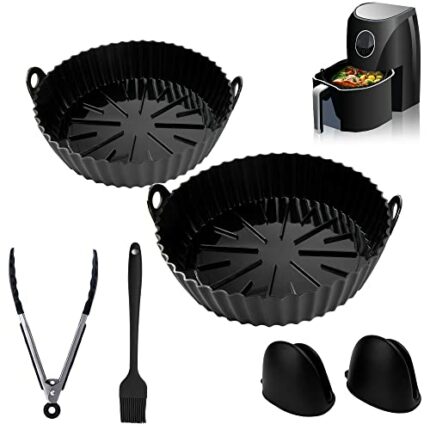 Cookensil 2 Pcs Round Silicone air Fryer Liner with Bonus Mitts, Brush & Tong for air Fryer Accessories, 7.9" Food Grade air Fryer Silicone Liner