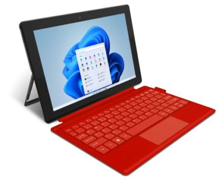 GEO Pad 110 10-inch 2-in-1 Detachable Laptop Tablet with Keyboard, 128GB eMMC, Full HD Touchscreen, Windows 11 - Strawberry Red