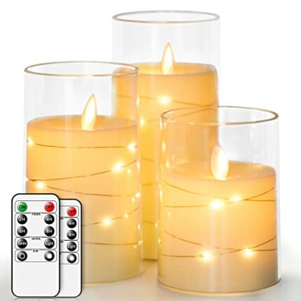 salipt LED Flameless Candles, Battery Operated Flickering Candles, Moving Flame Electric Candle Sets Glass Effect with Remote Timer, Set of 3, H