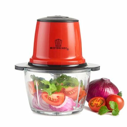 MisterChef Red Mini Chopper, Blender, Food Processor, 3 bi-Level Blades - Energy Saver 200W with Turbo - 1.5L Food Capacity Glass Bowl - 2 Year W