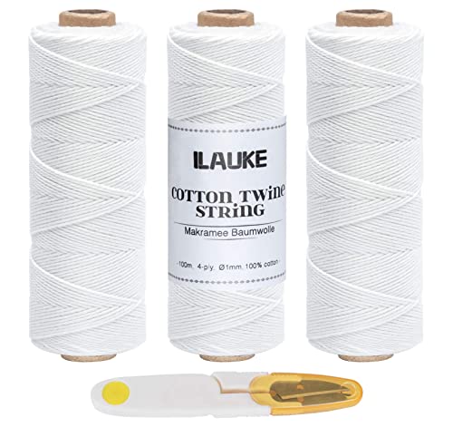ilauke Macrame Cord 3mm x 100m, 3 Roll Garden Twine, Garden String Twine for Crafts, Natural Cotton Rope for Wall Hanging, Plant Hangers, 4-ply (