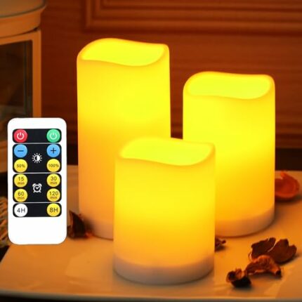 WRalwaysLX Flameless Candles with Timer,LED Flickering Candles with Remote Control, Battery Candles Outdoor and Indoor Home Decor, 3 candles, pow
