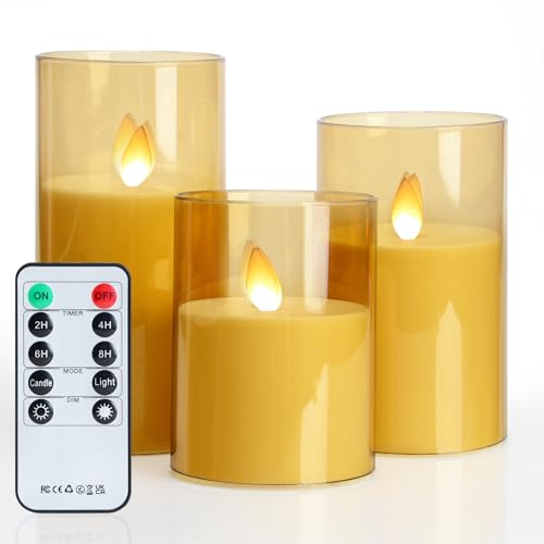 BIQIQI LED Flameless Candle, 3-Piece Set of Acrylic Simulation Flickering Candle Cup with Copper Wire Lamp, Remote Control Candle Light with Time