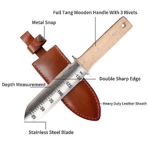 FLORA GUARD Professional Hori Hori Garden Knife with Leather Sheath, Stainless Steel Blade, Sharpening Stone Included, for Weeding, Digging, Prun