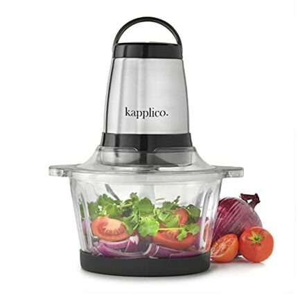 KAPPLICO Chrome Mini Chopper Mini Food Processor 4 bi-Level Blades - Energy Saver 250W Dual Speed - 2.0L Food Capacity Glass Bowl - 2 Year Warran