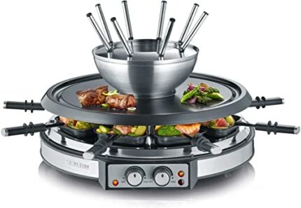 Severin Raclette-Partygrill & Fondue INOX Combination-with Natural Grill Stone and with 1900 W of Power RG 2348, Plastic, Stainless Steel, Black