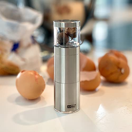 AdHoc PM87 MUSKATINO Nutmeg Grinder | Stainless Steel/Acrylic | Aroma Cap, Compact | (H) 125mm x (D) 38mm | Clear/Silver