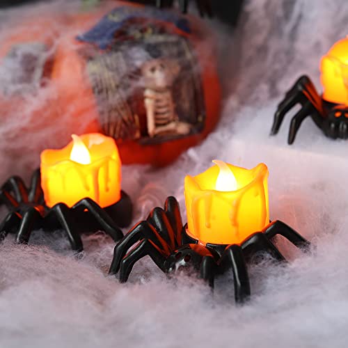 Jsdoin Halloween Spider Pumpkin Tea Lights, 12pcs Halloween Candle, Orange LED Candel Light for Halloween Party Decorations, Thanksgiving, Batter