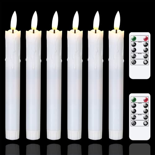 Mavandes Flameless Flickering Taper Candles Two Remote, 19cm Ivory Battery Operated LED Window Candles Timer,Set of 6 Plastic 3D-Wick Dripping-Wa