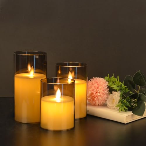 BIQIQI LED Flameless Candle, 3-Piece Set of Acrylic Simulation Flickering Candle Cup with Copper Wire Lamp, Remote Control Candle Light with Time