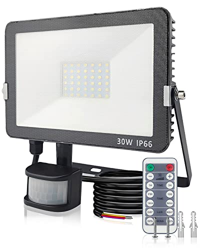 2023 Newest 30W Security Lights Security Lights Outdoor Motion Sensor with IR Remote Control, 3000LM 6500K Cold White Outdoor Lights Mains Powere
