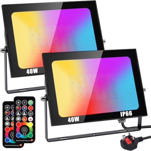 LED Flood Lights Outdoor 40W - RGB Flood Lights 400W Equivalent, 4400 LM Flood Lights 3000K Warm White- 256 Colors-Timer-Remote- 5 Modes,IP66 Wat