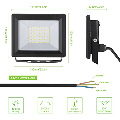lNGRIKT 30W Led Floodlight Outdoor, Super Bright 3000 Lumen LED Security Lights, IP65 Waterproof, 6500K Cool White Outdoor Flood Light with 1.5M