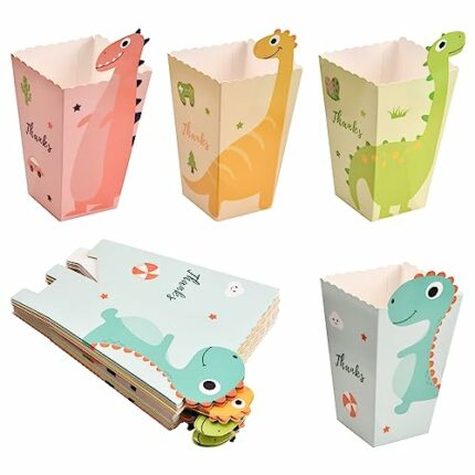 24 Pcs Popcorn Favor Boxes, Cardboard Popcorn Containers, Cute Dinosaur Popcorn Bags, 4 Colors Popcorn Cartons, Paper Popcorn Holders for Kids Bi