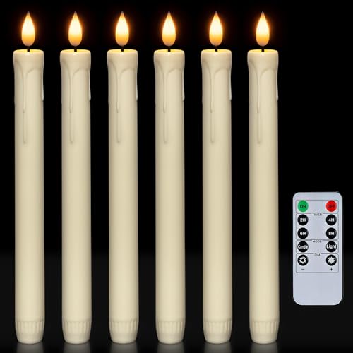 Homemory 6 Pcs LED Flameless Taper Candles with Remote, Flickering Battery Operated CandleSticks, Plastic Window Candles, 24CM for Halloween Chri