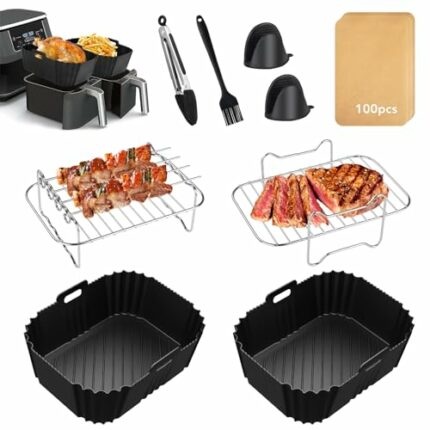 Air Fryer Accessories, 9 PCS Set for Ninja Dual Air Fryer AF300UK AF400UK 7.6L-9.5L, Upgraded Silicone Air Fryer Liners, Dual Air Fryer Racks, Pa