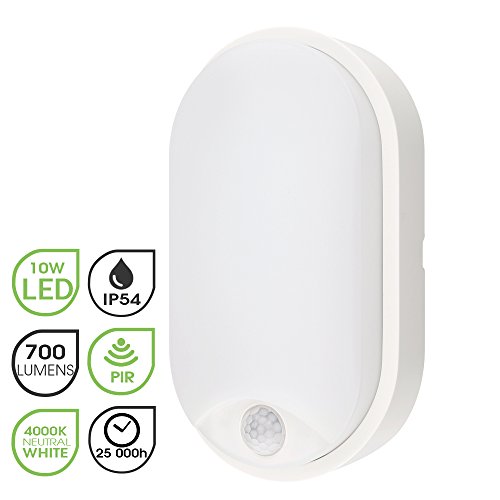 M EGA MEGACUBE 10W LED 4000K IP54 Flush Wall Mounted PIR Sensor Oval Bulkhead Light Fixture for Outdoor,Garden, Shed, Porch, Garage, Workshop, Pa
