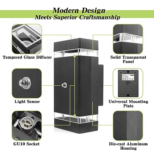 HLFVLITE Dusk to Dawn Outdoor Wall Light, Aluminum Outside Light Fixture with 5w LED Bulbs, Waterproof Exterior Wall Lamp Up & Down Outdoor Light