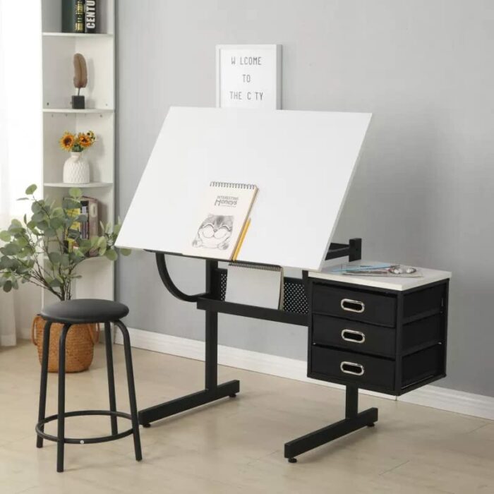 Drawer Table White Adjustable Drafting Drawing Desk With Stool And 3 Drawers Solid Construction For Home,Office,School116*60 * 75cm