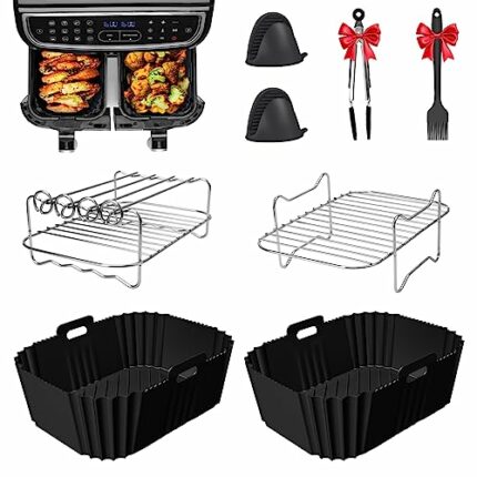 Silicone Air Fryer Liner, 8 PCS Air Fryer Accessories for Ninjas Dual Air Fryer AF300UK, AF400UK & 7.6L-9.5L, Air Fryer Racks, Oil Brush&Food Cli