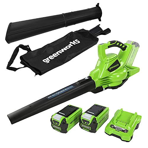 Greenworks GD40BVK2X Cordless Leaf Blow Vac with Brushless Motor, 280km/h, 9.63m³/min, 45L Mulching Bag , Two of 40V 2Ah Batteries & Charger, 3 Y