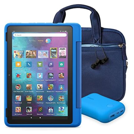 Fire HD 10 Kids Pro tablet, Sky Blue Kid-Friendly Case + NuPro Zipper Sleeve, Blue + Kids Portable Charger, Blue