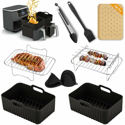 Air Fryer Accessories, 9-Pcs Set for Ninja AF400UK/AF300UK Tower T17088, Reusable Silicone Air Fryer Liners & Gloves, Air Fryer Rack, Paper Linin