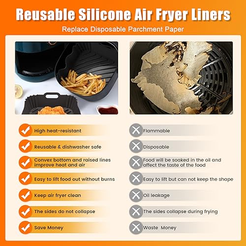 Air Fryer Liners – Durable Air Fryer Silicone Liners – Air Fryer Liners Square with Practical Handles – Dishwasher and Oven Friendly Silicone Air