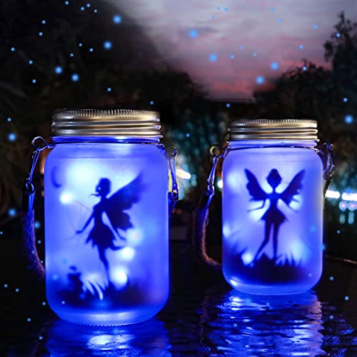 Mostof 2 Pack Fairy Solar Lantern Outdoor, Garden Ornaments IP44 Waterproof Hanging Frosted Glass Solar Mason Jar Lights for Table, Yard, Garden,