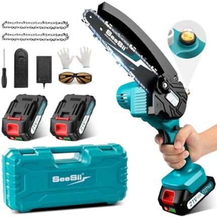 Mini Chainsaw with 2 Battery, Seesii 6-Inch Cordless Electric Chain Saw with Replacement Chain, One-Handed Portable Chainsaw for Branch Wood Cutt