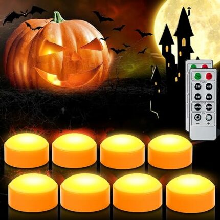 CANDLE IDEA 8 PCS Halloween Pumpkin LED Lights with Remote Timer Bright Flickering Battery Operated Jack-O-Lantern Electric Flameless Candles for