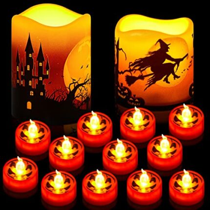 14 Pcs Halloween Flameless Pillar Candles and Pumpkin Tealights Battery Operated Flickering Candles LED Candles Warm Light with Castle Witch Bats