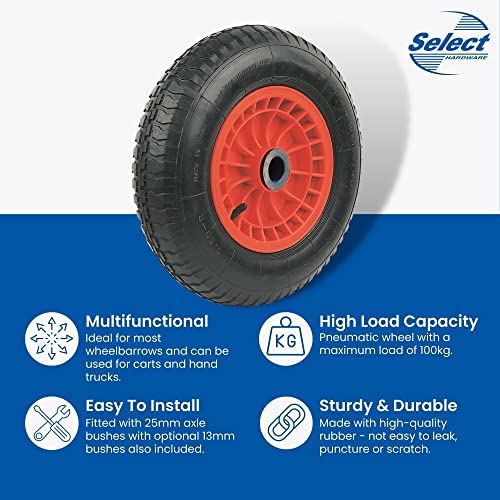Select Hardware 350mm (14-Inch) Pneumatic Wheelbarrow Wheel with 25mm (1") & 13mm (5/8") Centre, 3.50-8 Replacement Tyre for Wheelbarrow/Truck/Tr