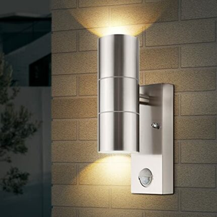 TJCoLUX Stainless Steel Up Down Wall Light with PIR Sensor, Mains Powered Exterior Outdoor Wall Lamp, IP44, for Garden, Patio, Porch, Pathway (In