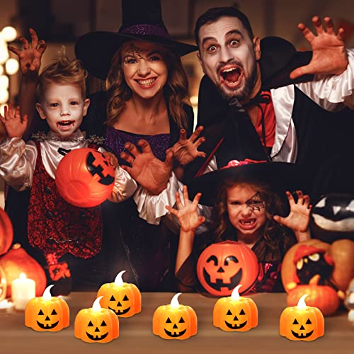 Jsdoin Halloween Pumpkin Tea Lights, 12pcs Halloween Flameless Candles, Orange LED Candel Light for Halloween Party Decorations, Thanksgiving, Ba