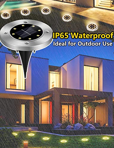 Solar Outdoor Garden Ground Lights, 8 LED Waterproof Patio Disk Lights, In-Ground Landscape Lighting, Floor Path Lights for Walkway, Lawn, Steps